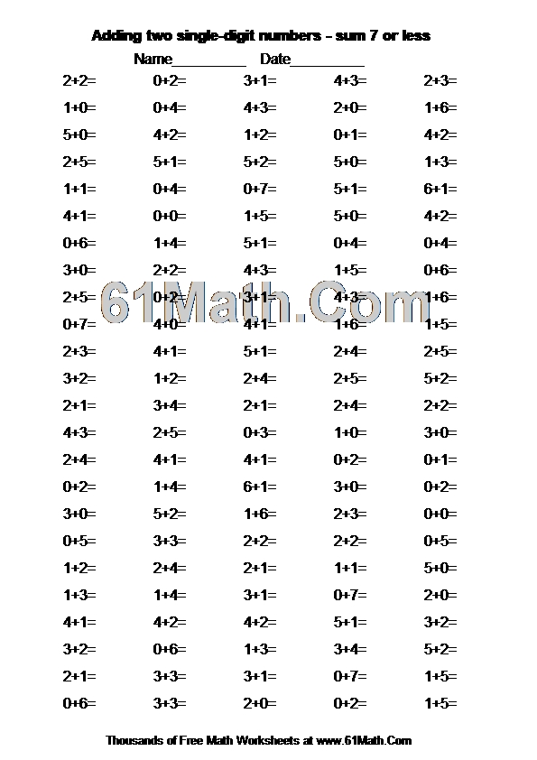 Adding two single-digit numbers - sum 7 or less